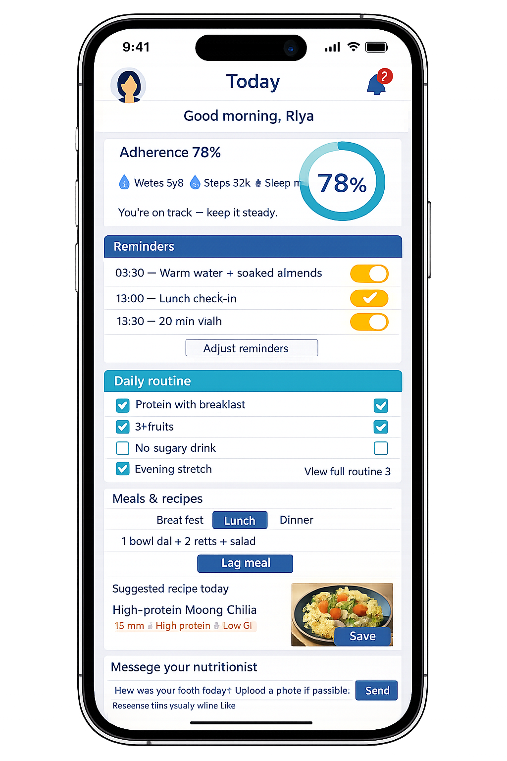 Client Portal showing daily meal plan, check-in updates, and progress tracking